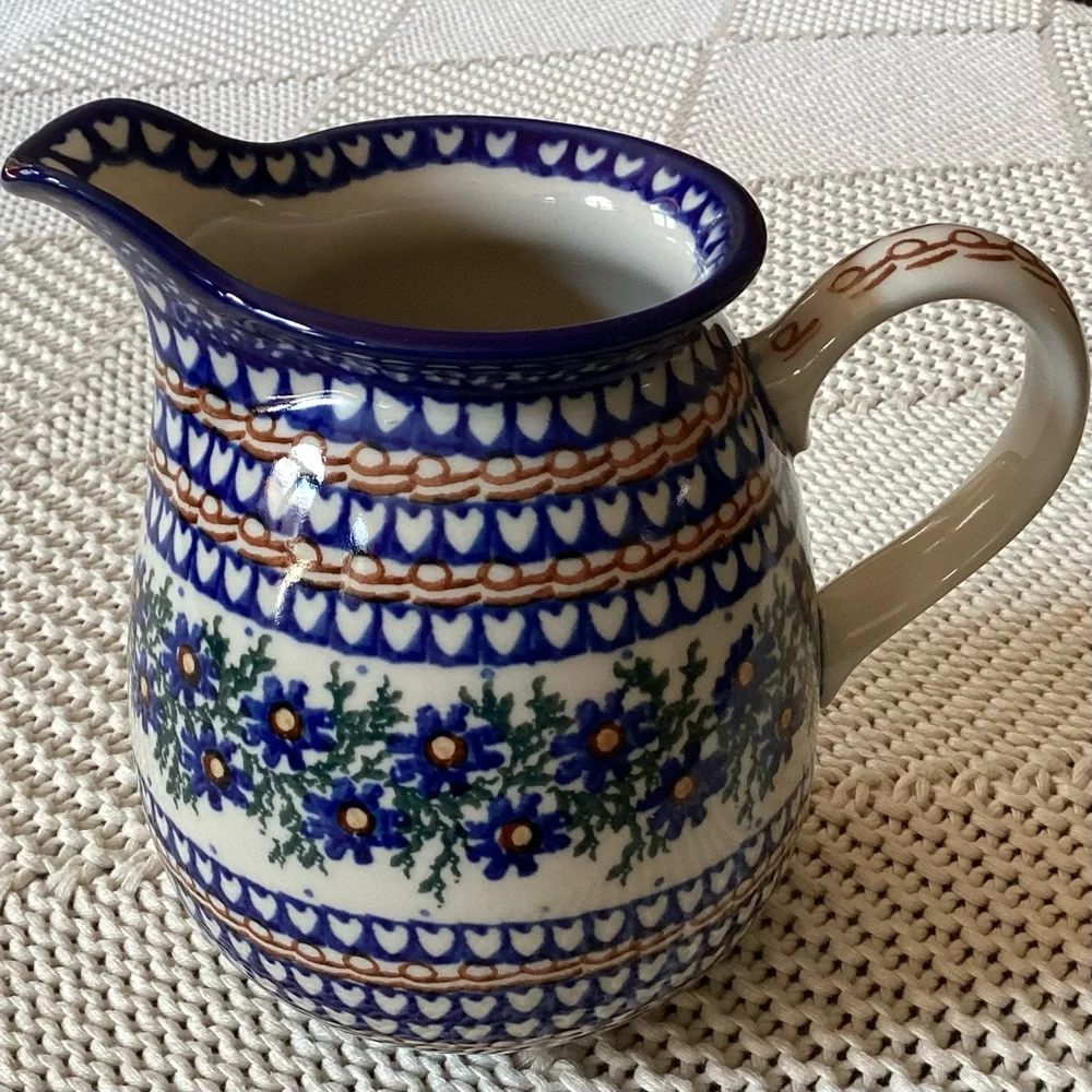 Polish Pottery Hand Painted Blue Design  Pitcher 6.5” 1 Quart signed B. Fidelus